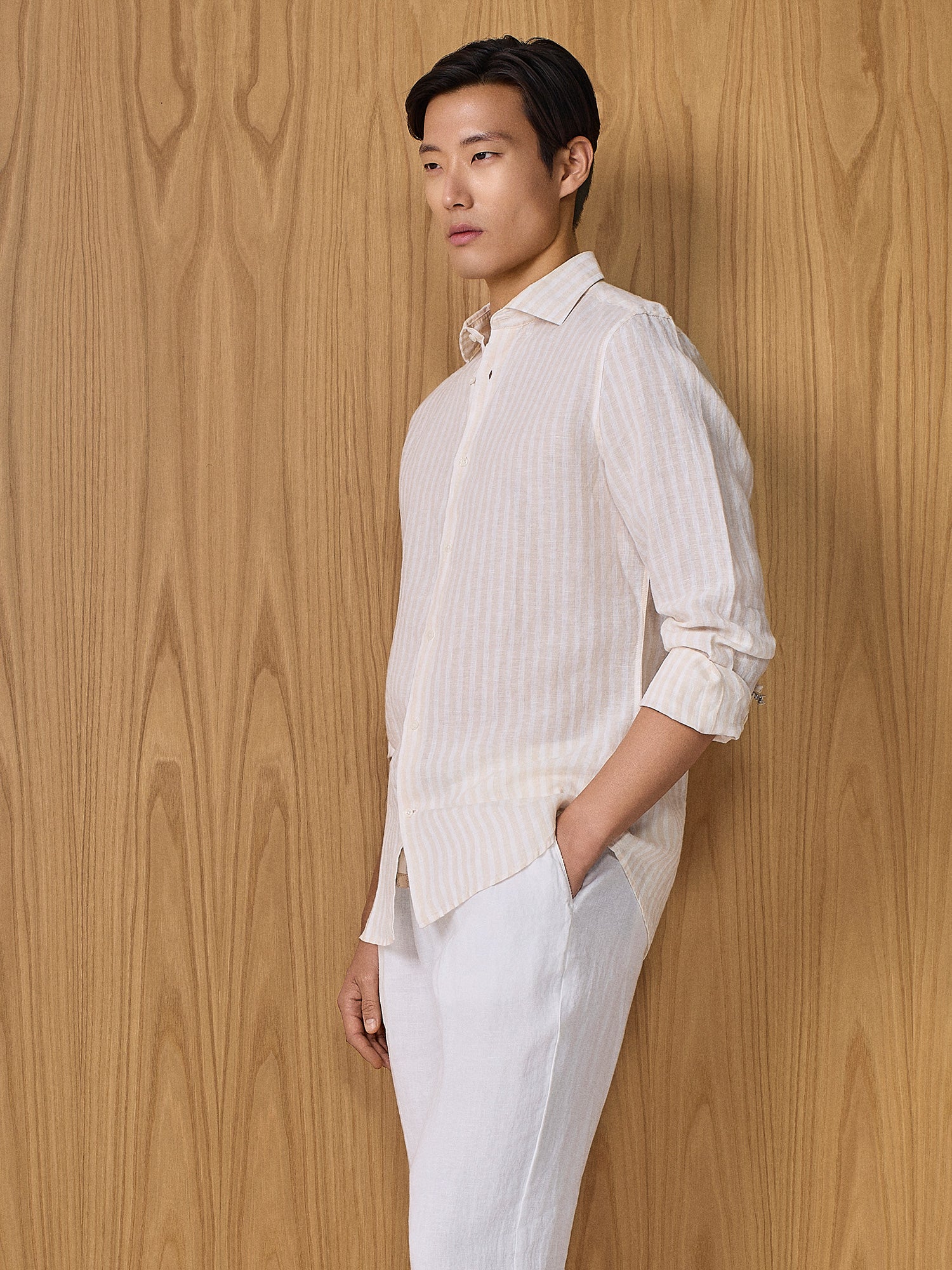 Camicia in lino a righe apricot - Image 2