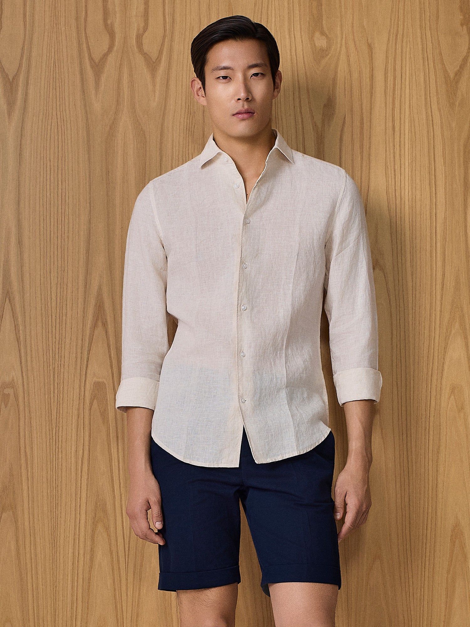 Camicia in lino pied de poule apricot