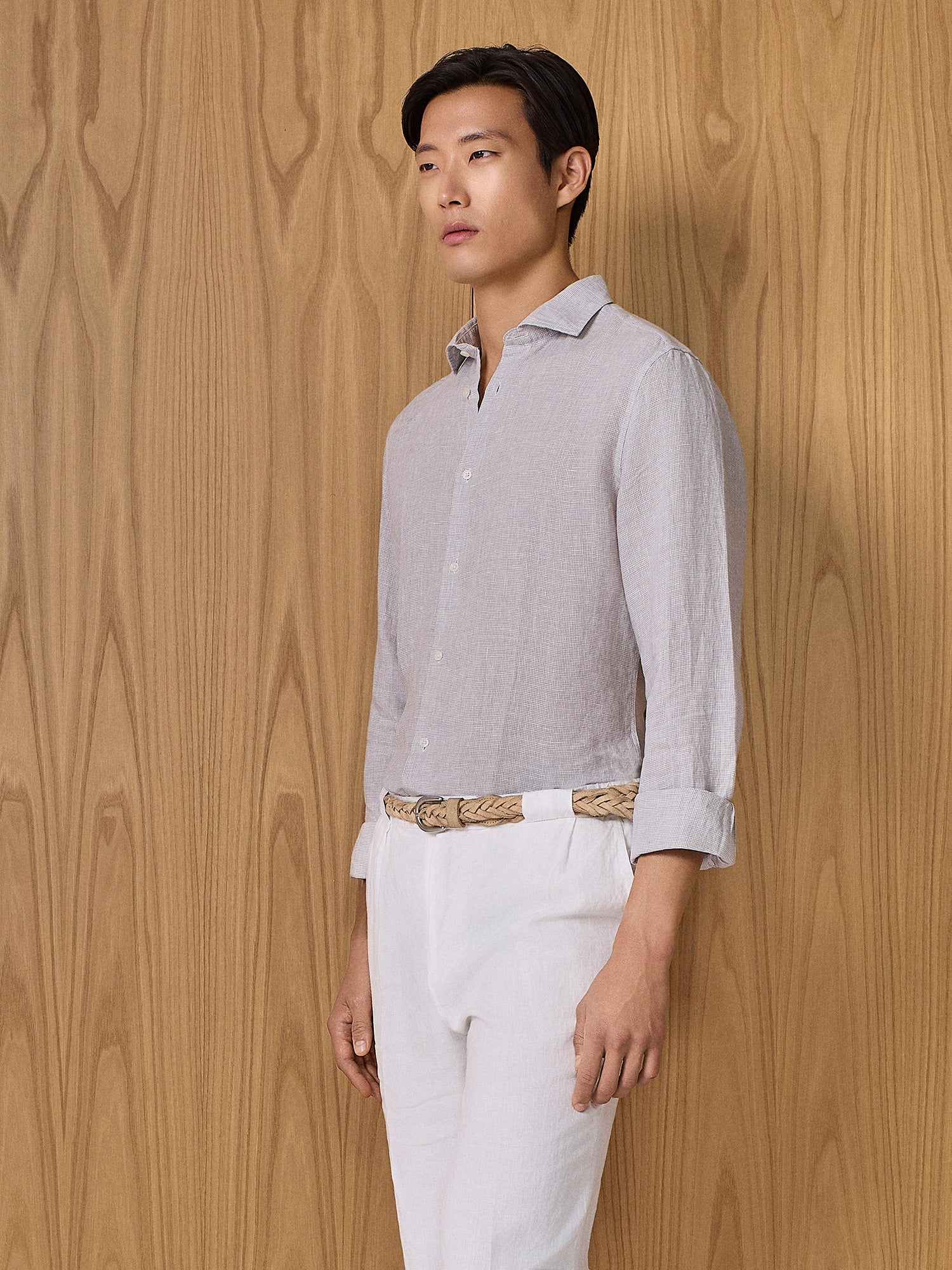 Camicia in lino pied de poule grigio chiaro - Image 2