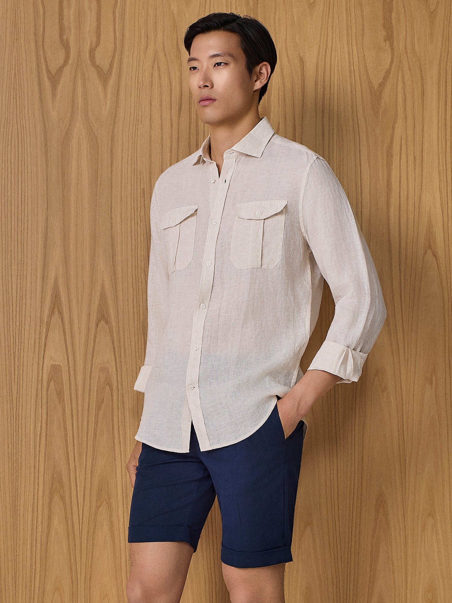 Camicia lino con tasche beige - Image 2
