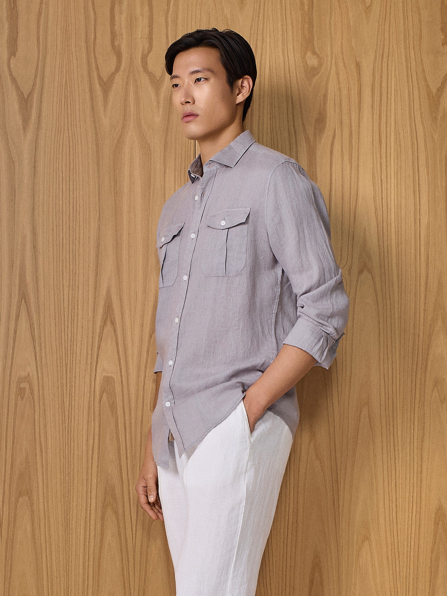 Camicia lino con tasche grigio - Image 2