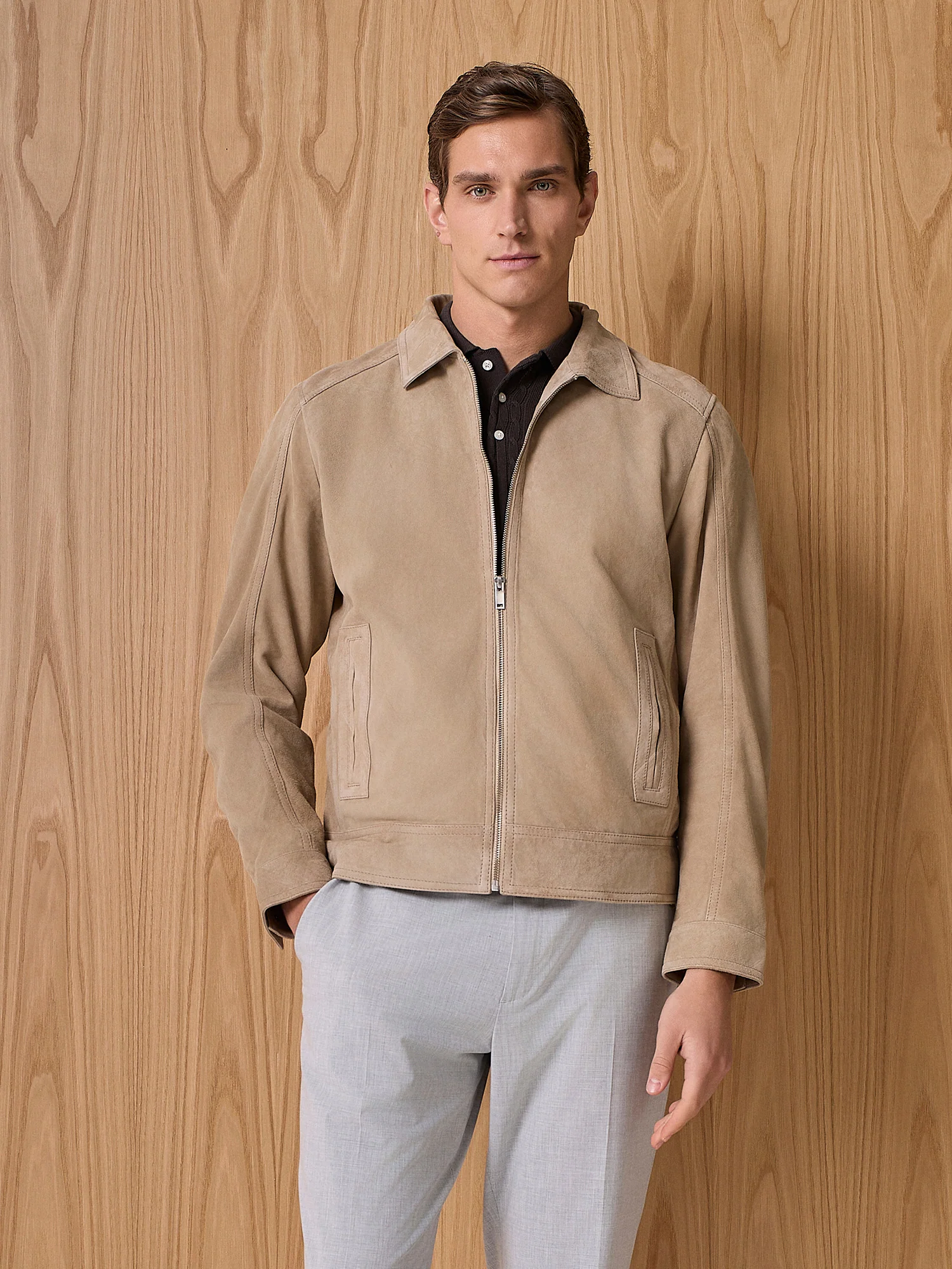 Giubbino in vero camoscio taupe