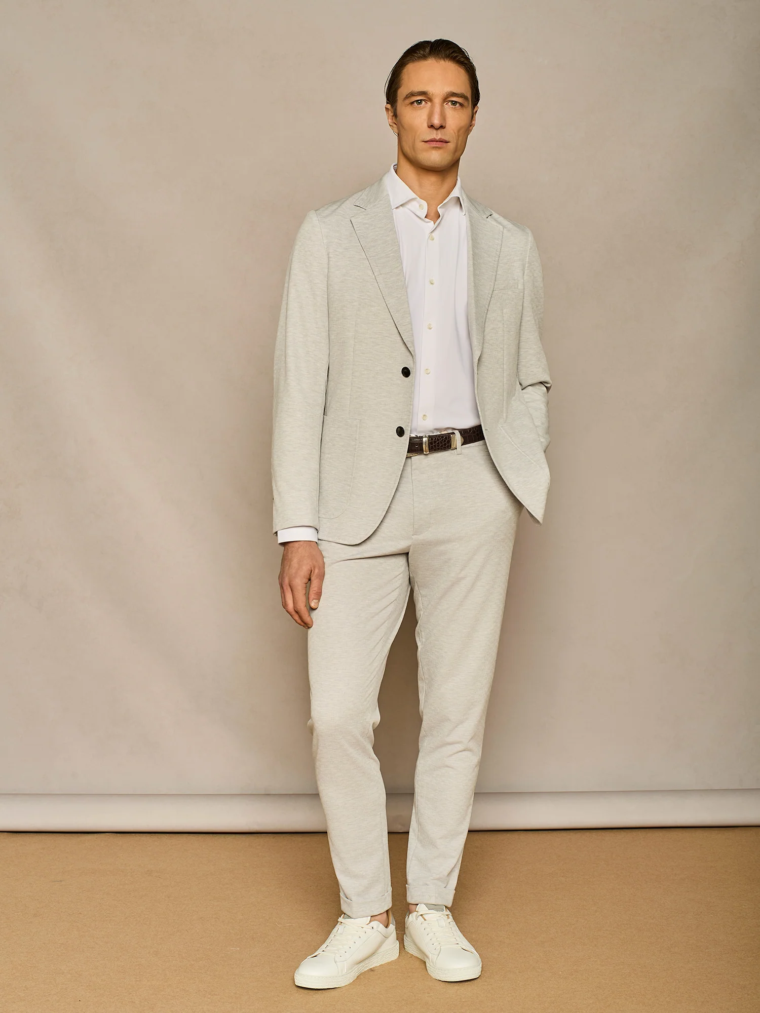 Pantalone con laccio in jersey gessato grigio chiaro - Image 4