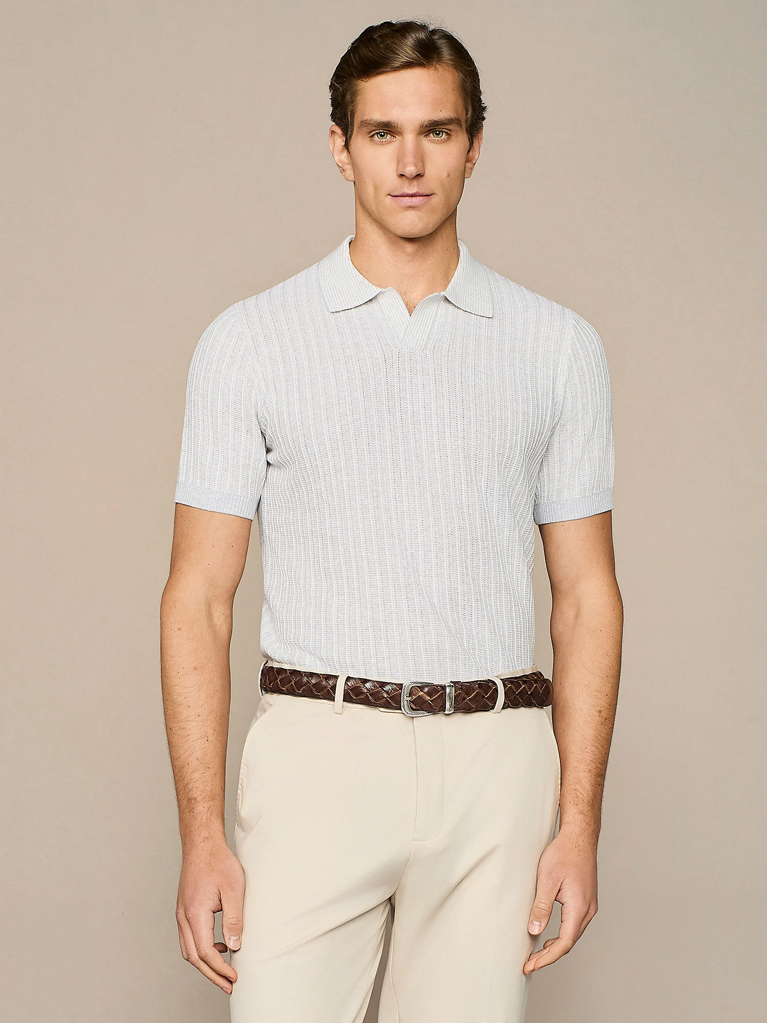 Polo in maglia lavorata grigio chiaro melange