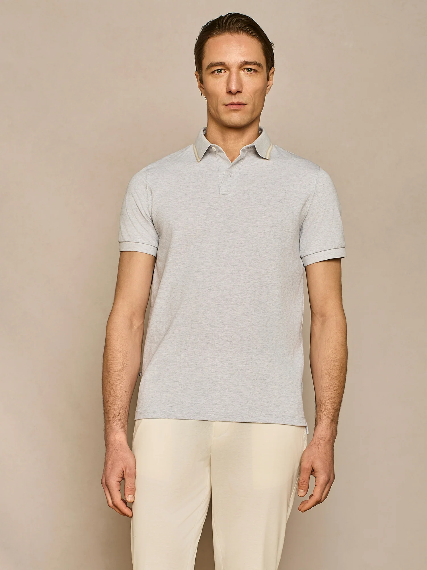 Polo piquet con righe collo a contrasto colore grigio chiaro melange