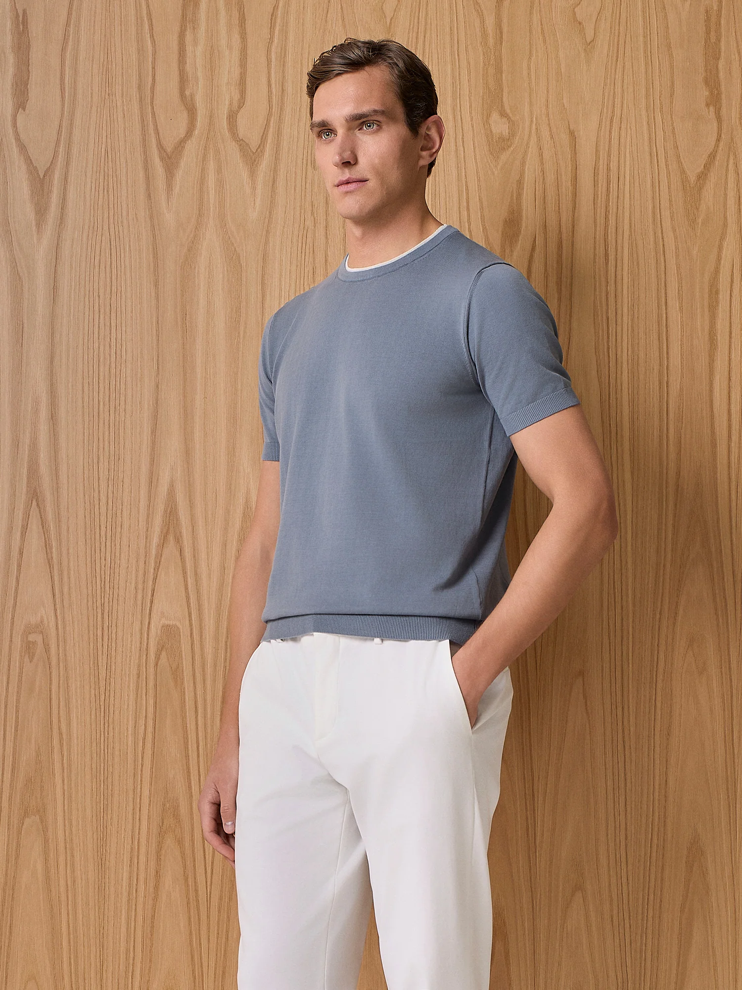 T-shirt doppio collo in maglia ceruleo - Image 2
