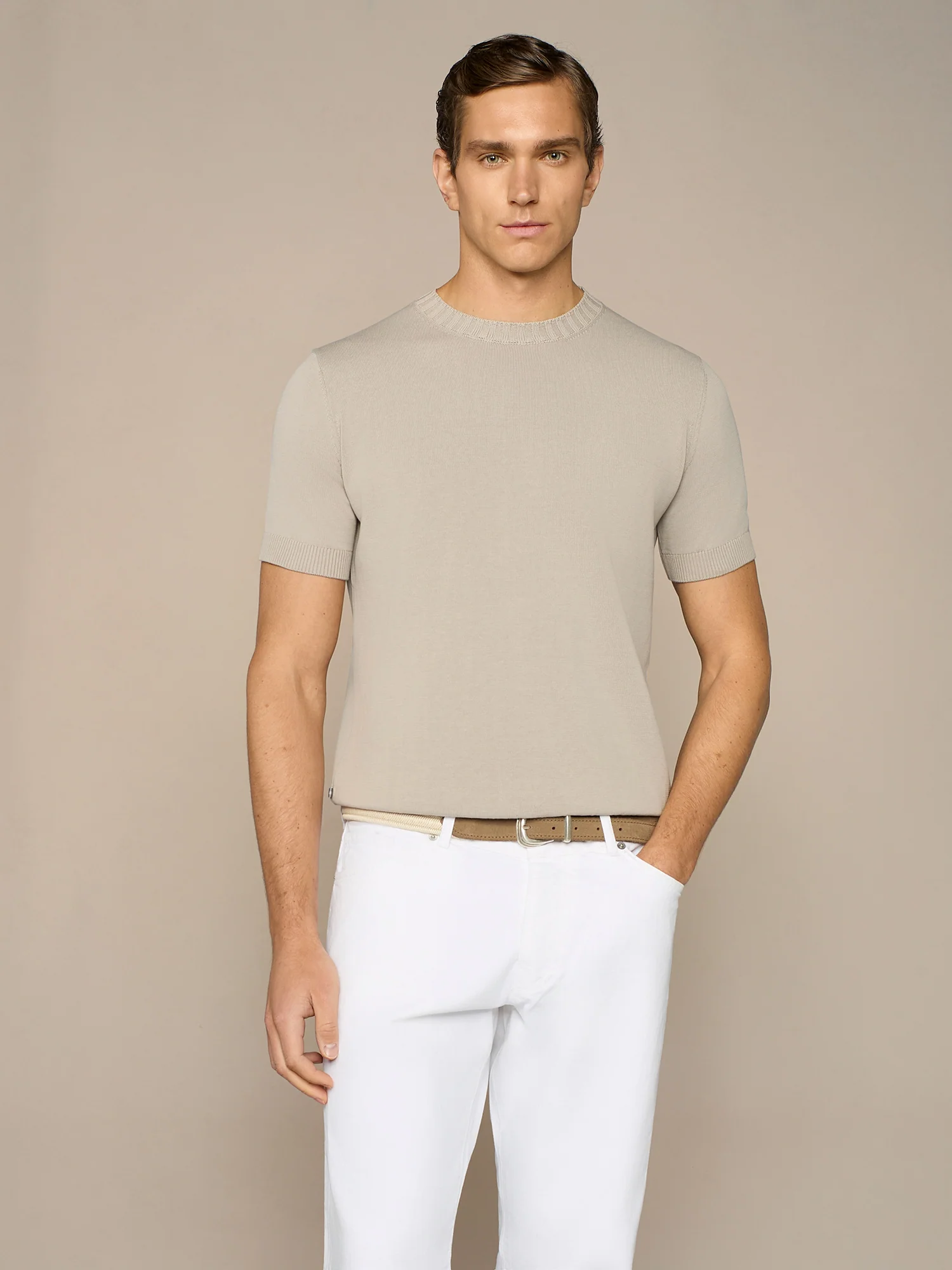 T-shirt in maglia in cotone lavato taupe